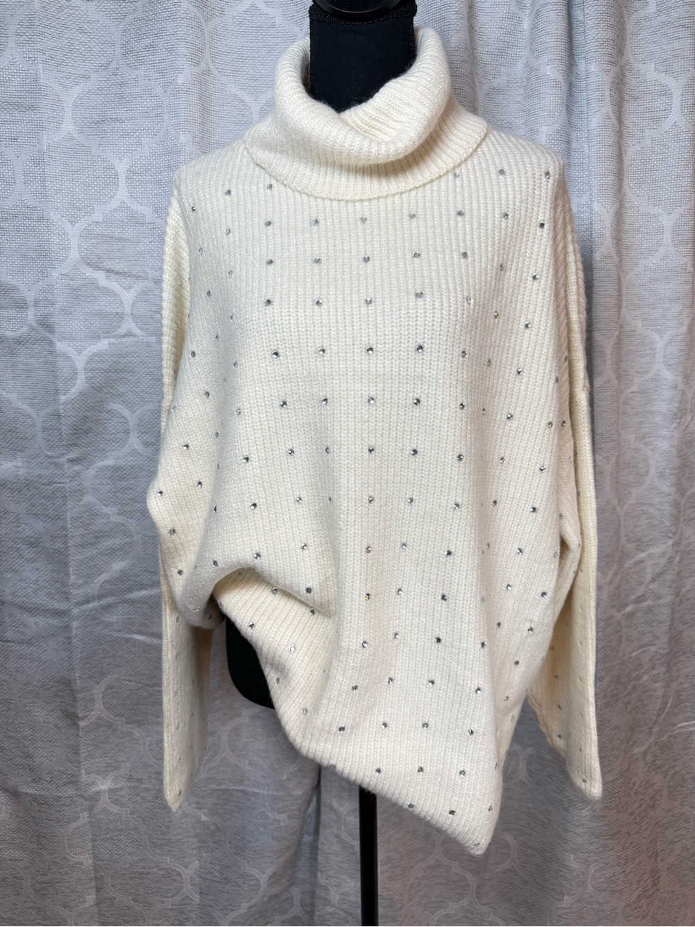 Fate Curve Cream Turtleneck Sweater with Silver Rhinestone Accents
